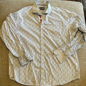 Men’s Bugatchi Button Down Shirt, Striped Blue and White, Size XL